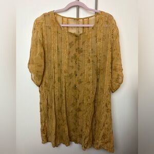 Vintage India Gauze Boho Blouse Womens Floral Embroidered Cottagecore Peasant